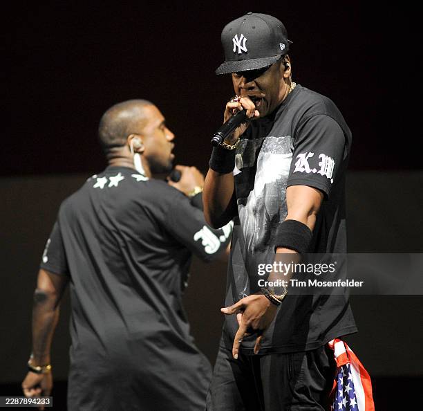 Kanye West and Jay-Z perform during the "Watch The Throne Tour" at HP Pavilion on December 14, 2011 in San Jose, California.