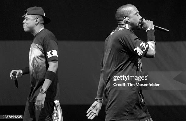 Jay-Z and Kanye West perform during the "Watch The Throne Tour" at HP Pavilion on December 14, 2011 in San Jose, California.