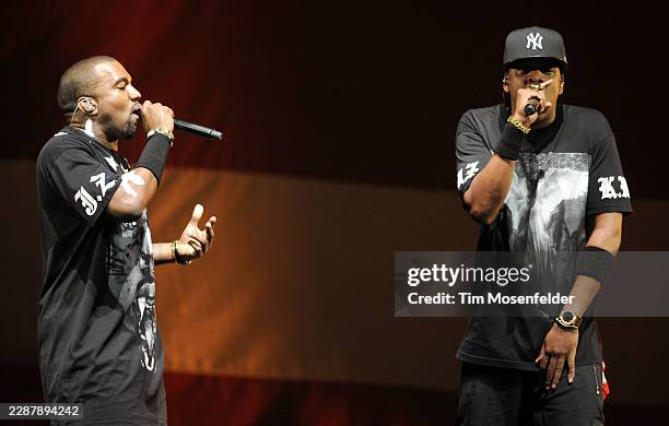 Kanye West and Jay-Z perform during the "Watch The Throne Tour" at HP Pavilion on December 14, 2011 in San Jose, California.