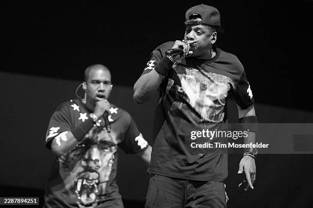 Kanye West and Jay-Z perform during the "Watch The Throne Tour" at HP Pavilion on December 14, 2011 in San Jose, California.
