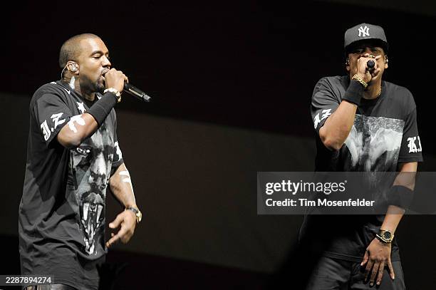 Kanye West and Jay-Z perform during the "Watch The Throne Tour" at HP Pavilion on December 14, 2011 in San Jose, California.