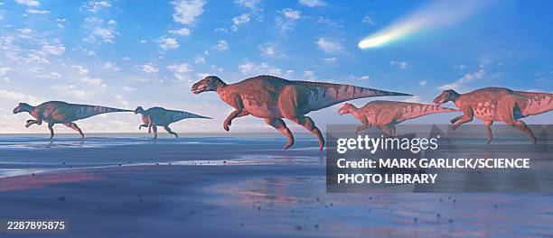 edmontosaurus and a comet - dinosaur comet stock illustrations