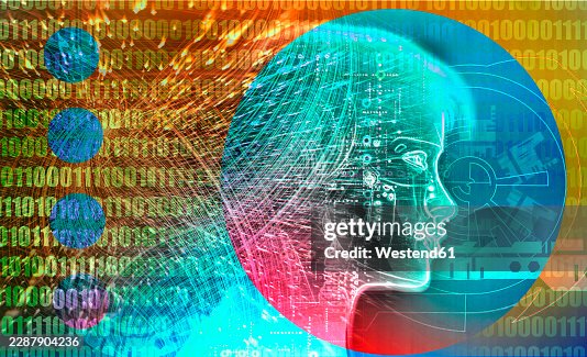 Abstract illustration of humanoid robot face with binary code data Abstract illustration of humanoid robot face with binary code data
