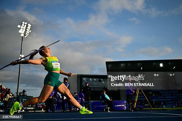 Australia's Mackenzie Little competes in the women's javelin throw final during the athletics event at the Scotstoun Stadium in Glasgow, on day nine...