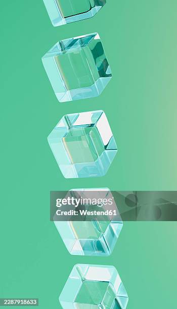 transparent crystal cubes floating on a green background - ice block stock illustrations