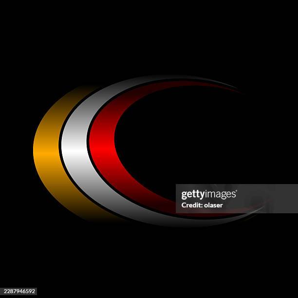 three glossy curved bands in gold, silver, and red form a sleek crescent shape on a black background, creating a modern minimalist logo-like composition. - red silver gradient stock illustrations