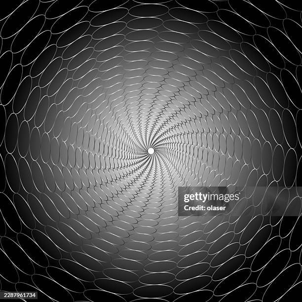 black and gray spiral mesh pattern with repeating oval rings converging toward a bright center, creating a tunnel-like geometric design on a dark background. - vortex tunnel stock illustrations