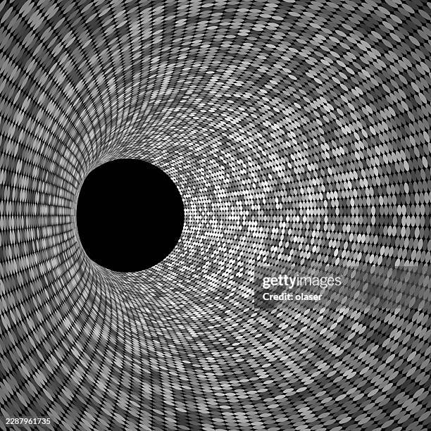 black and white geometric pattern forming a swirling tunnel around a central dark circle, with tightly repeated shapes creating strong radial motion and depth. - vortex tunnel stock illustrations