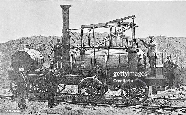 puffing billy steam locomotive built by william hedley in 1813 — early practical railway engine with tender and workers at wylam colliery - train engineer stock illustrations