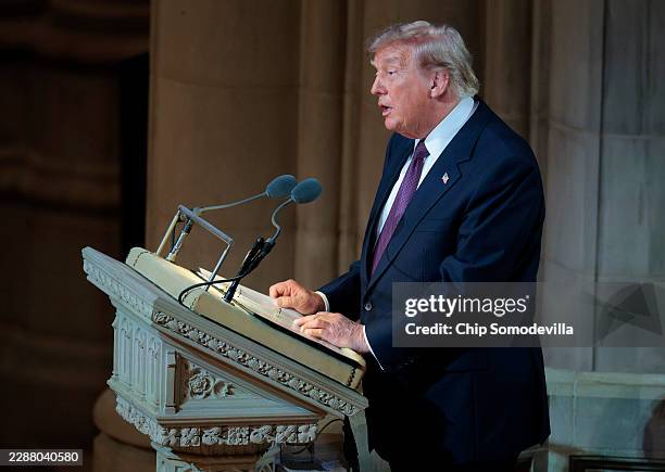 President Donald Trump delivers remarks during the funeral service for the late U.S. Sen. Lindsey Graham at the Washington National Cathedral on July...