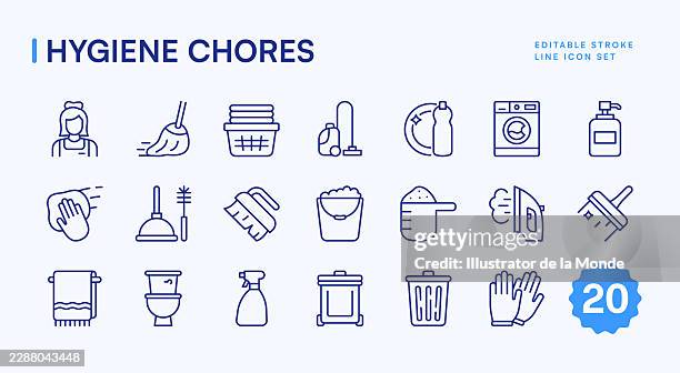 hygiene chores line icons - squeegee stock illustrations