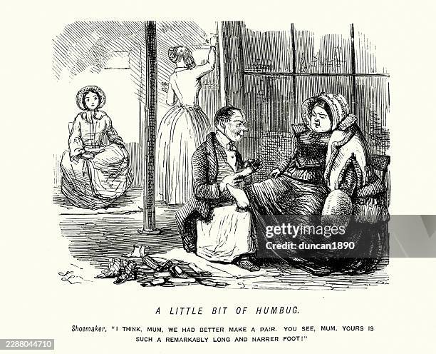 cartoon, shoemaker helping a woman try on shoes, victorian comic, 19th century john leech - store assistant stock illustrations