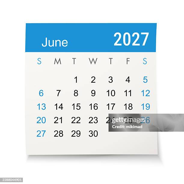 june 2027 calendar page – minimalist vector design with blue header and highlighted sundays representing monthly planning, scheduling and time management concepts - checking calendar stock illustrations