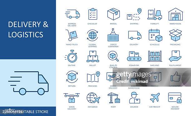 delivery and logistics icon set – editable stroke vector collection featuring truck, warehouse, parcel, forklift, drone and tracking symbols representing shipping, supply chain and transportation concepts - express delivery stock illustrations