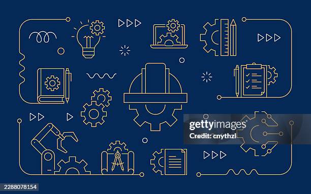 engineering related line banner with icons. blueprint, automation, project, maintenance - architect computer stock illustrations