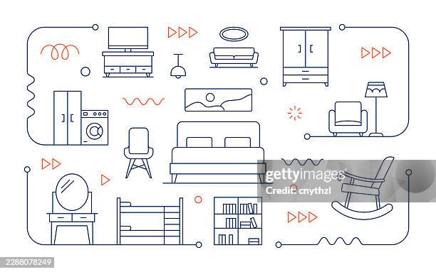 furniture line banner with icons. sofa, dining table, wardrobe, bookshelf - fancy dinner table stock illustrations