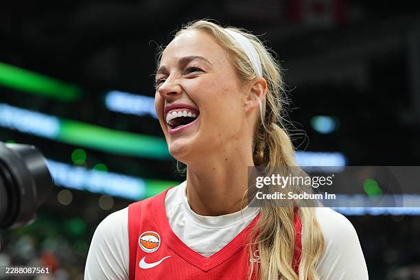 Sophie Cunningham of the Indiana Fever smiles after the win against the Seattle Storm at Climate Pledge Arena on July 28, 2026 in Seattle,...