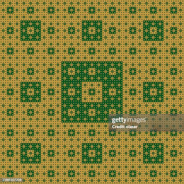 green geometric square pattern repeated across a tan background, forming a dense tiled design with larger squares spaced among smaller decorative units. - flooring samples stock illustrations