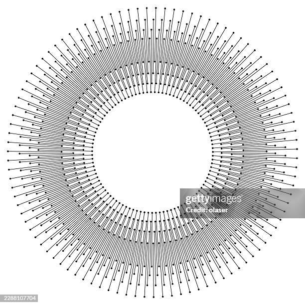 circular black dot-and-line pattern radiates around a large empty center on a white background, forming a symmetrical ring with a clean geometric appearance and ample copy space. - simple mandala vector stock illustrations