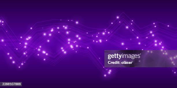 purple glowing light waves sweep horizontally across a dark violet background, dotted with bright sparkling points and thin layered lines creating a luminous digital pattern. - african violet stock illustrations