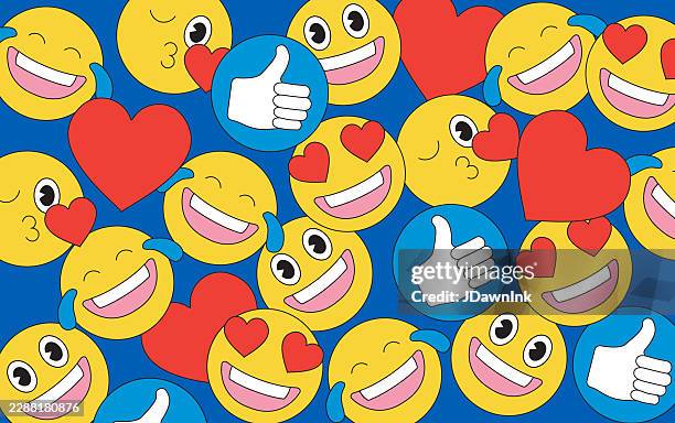 cute retro cartoon social media positive emoji faces, thumbs up, heart, crying laughing, smiling face with heart-shaped eyes icons background - anthropomorphic stock illustrations