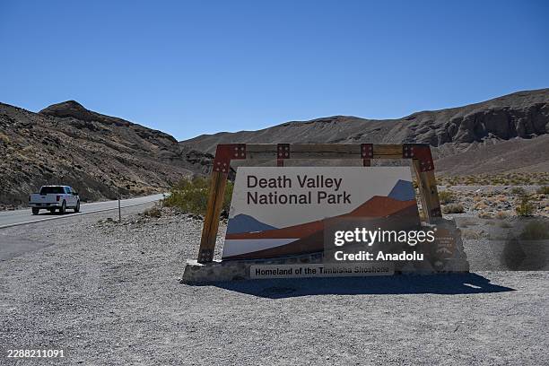 View of welcome sign during extreme heat wave in Death Valley National Park of California, United States on August 2, 2026. Death Valley is widely...