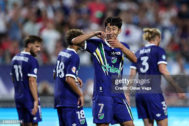 Son Heung-Min of MLS All-Stars celebrates scoring his team's second goal during the 2026 MLS All-Star Game presented by Chime at Bank of America...