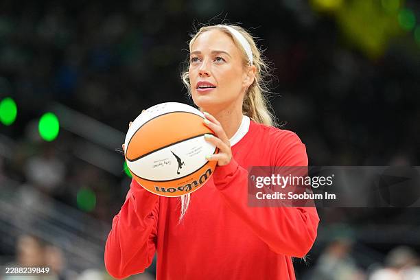 Sophie Cunningham of the Indiana Fever warms up before the game against the Seattle Storm at Climate Pledge Arena on July 28, 2026 in Seattle,...