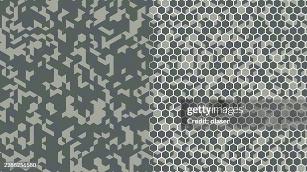 gray geometric pattern with a camouflage style texture on the left and a repeating hexagon lattice on the right, creating a two-panel seamless background with muted tones and clean lines. - panel discussion stock illustrations