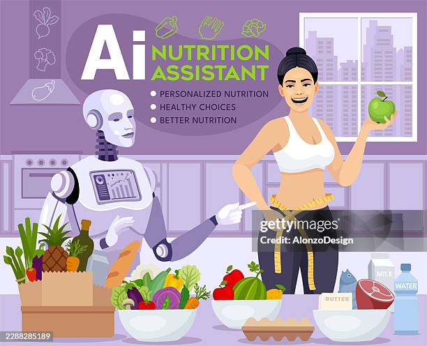 ai nutrition assistant promoting healthy eating and personalized wellness vector illustration - eating protein stock illustrations
