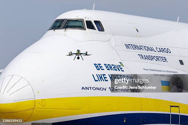 Police drone takes off next to Ukrainian Antonov cargo plane at Leipzig/Halle Airport on August 5, 2026 near Leipzig, Germany. Airport workers...