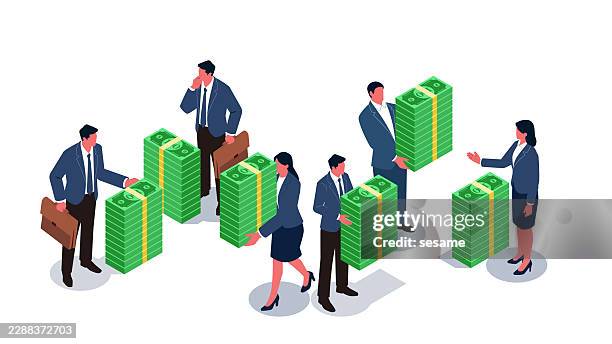 average wages, payday, benefits and allowances, or investment returns. an isometric view of a group of businesspeople receiving the same amount of cash - pay gap stock illustrations