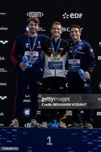 The podium for the men's 3-meter diving event features, from left to right, France's Jules BOUYER , Germany's Moritz Linus WESEMANN , and Great...