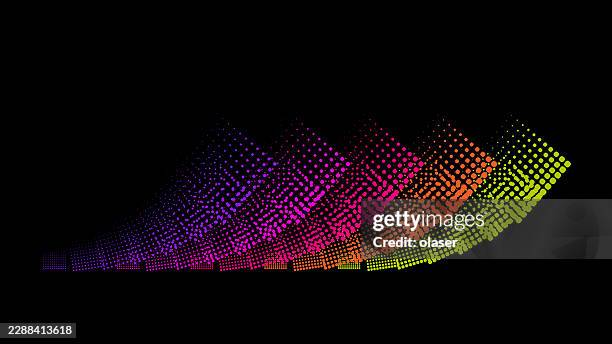 a black background features a sweeping band of colorful dotted waves shifting from purple and pink to orange and yellow, creating a vibrant curved pattern. - crystal block stock illustrations