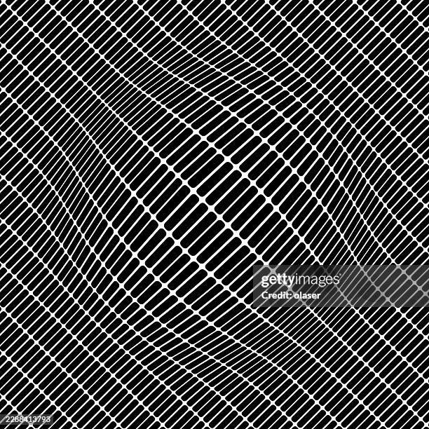black and white wavy grid pattern with repeating diagonal lines and rounded rectangular shapes forming a dense geometric texture. - tangle pattern stock illustrations