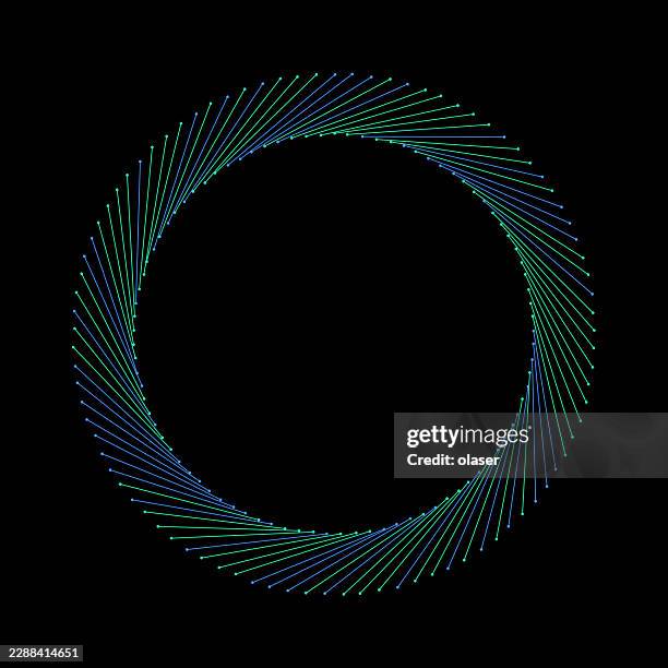 a circular spiral of thin blue and green lines forms a glowing ring on a black background, creating a clean, modern minimalist design with strong symmetry and motion. - balanced rocks stock illustrations