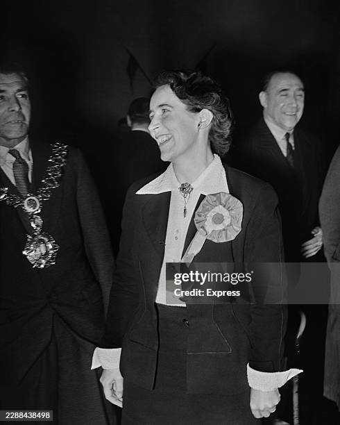 British politician Lena Jeger winning a by-election to become the new Member of Parliament for Holborn and St Pancras South, London, England,...