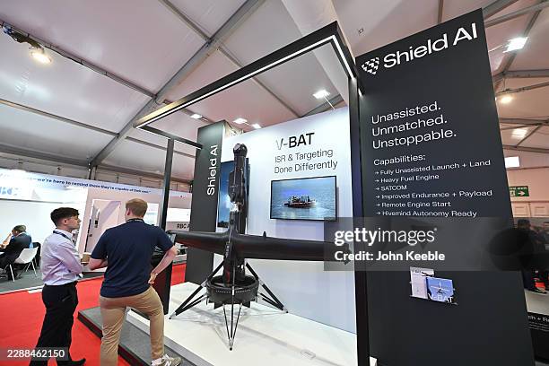 The Shield AI V-BAT vertical take-off and landing uncrewed aerial system is displayed during the Farnborough International Air Show 2026 at...