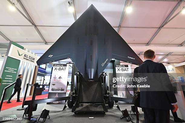The Shield AI X-BAT the World's first AI-piloted VTOL fighter jet is displayed during the Farnborough International Air Show 2026 at Farnborough...