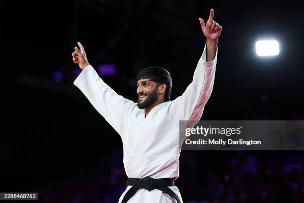 Harsh Singh of Team India celebrates after winning the gold medal against Joshua Katz of Team Australia in the Men -60 kg Final on day eight of the...
