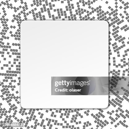 A blank white rounded square panel sits centered on a black-and-white geometric pattern of scattered striped marks and dotted arcs, creating a clean modern frame. A blank white rounded square panel sits centered on a black-and-white geometric pattern of scattered striped marks and dotted arcs, creating a clean modern frame.