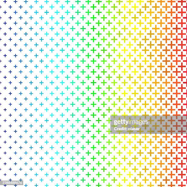a white background covered with a dense grid of small plus signs forming a smooth rainbow gradient from blue to red across the surface. - neon plus stock illustrations