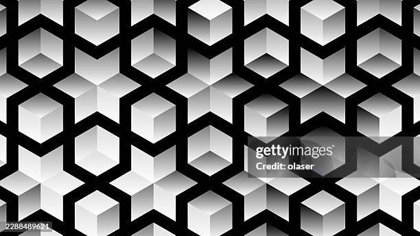 a repeating black-and-white geometric pattern of cube-like forms creates a bold, high-contrast tessellated surface with strong depth and rhythm. - triangle illusion stock illustrations