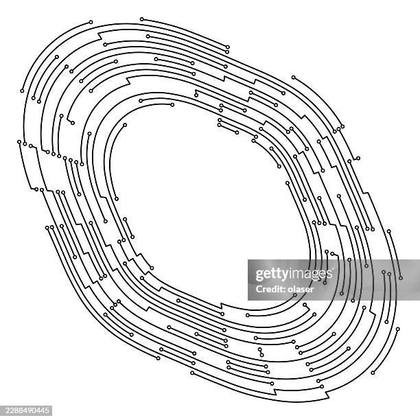 black line drawing of an irregular oval ring made from multiple layered circuit-like traces on a white background. - digital twin stock illustrations