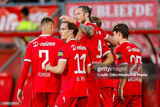 Wout Weghorst of FC Twente celebrates with teammates after his teams fourth goal during the UEFA Conference League Third Qualifying Round 1st leg...