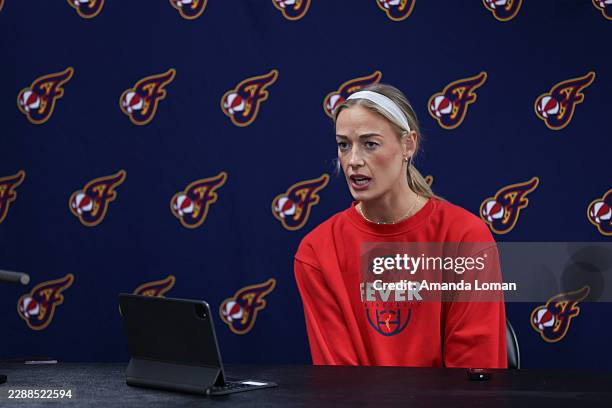 Sophie Cunningham of the Indiana Fever speaks during a press conference before a game against the Portland Fire at Moda Center on July 31, 2026 in...