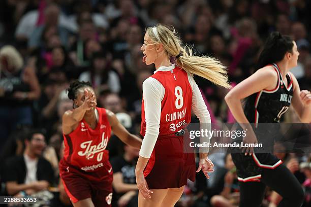 Sophie Cunningham of the Indiana Fever reacts after scoring against the Portland Fire during the third quarter at Moda Center on July 31, 2026 in...
