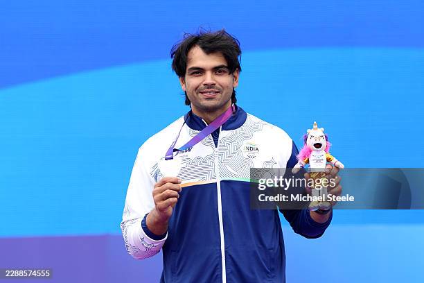 Silver medalist Neeraj Chopra of Team India poses for a photo during the medal ceremony for the Men's Javelin Throw during the Athletics on day nine...