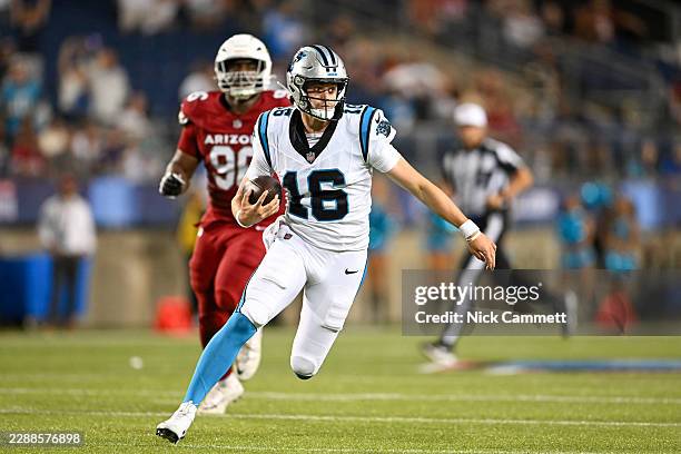 Haynes King of the Carolina Panthers carries the ball during the fourth quarter of the 2026 Pro Football Hall of Fame Game against the Arizona...