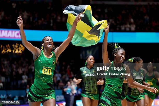 Athletes of Team Jamaica celebrate victory during the Semi-Final match between Team Australia and Team Jamaica on day nine of the Glasgow 2026...